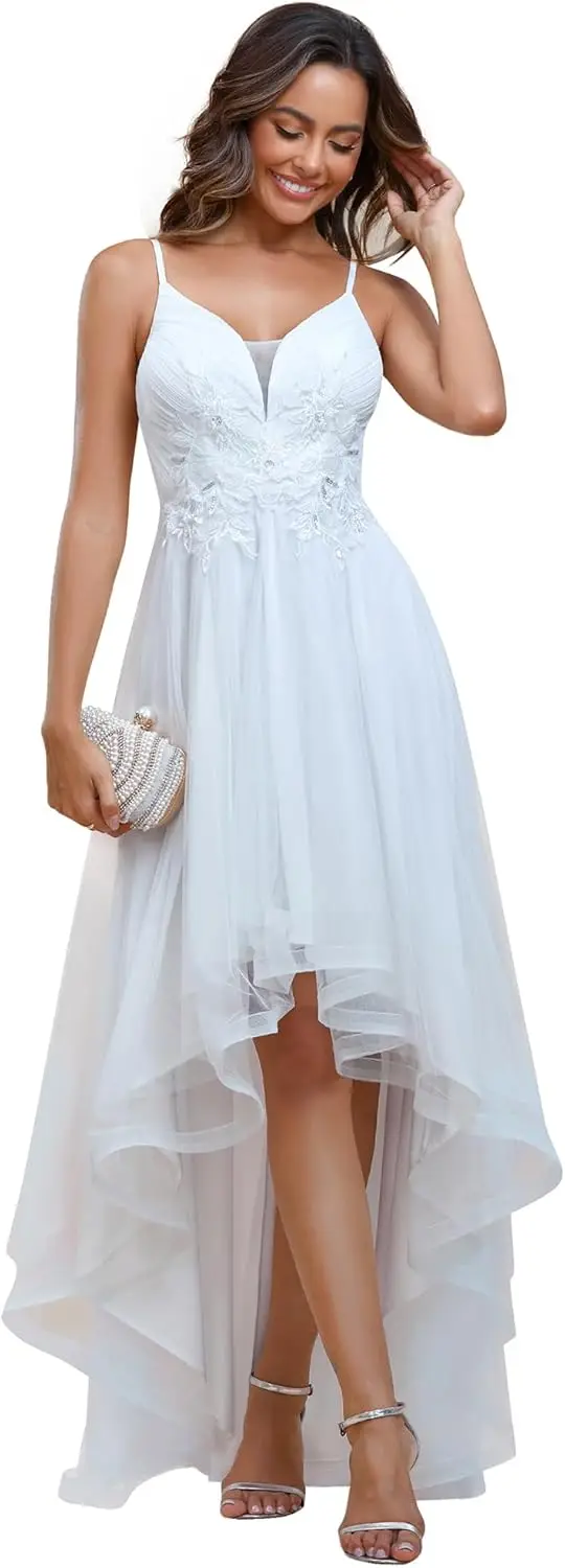 

Women's V Neck Sleeveless Floral Embroidered Waist High Low A-Line Tulle Maxi Prom Dresses Simple Wedding Dress Bridal Dress