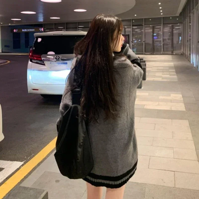 

Women Cardigans Chic Patchwork Autumn Winter Sweater All-match Ins Pockets Design Preppy Style Baggy Leisure Campus Prevalent