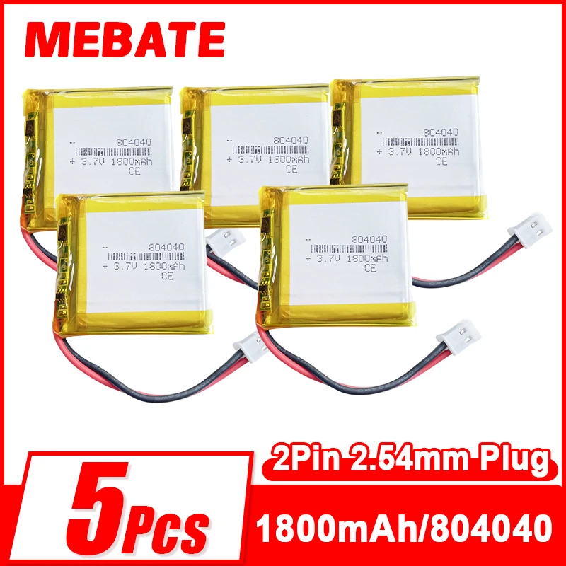 5PCS 3.7V 1800mAh Lipo Rechargeable Battery 804040 MX 5264 2pin 2.54mm Plug For GPS Navigator DVD  Recorder Mobile Phone Camera