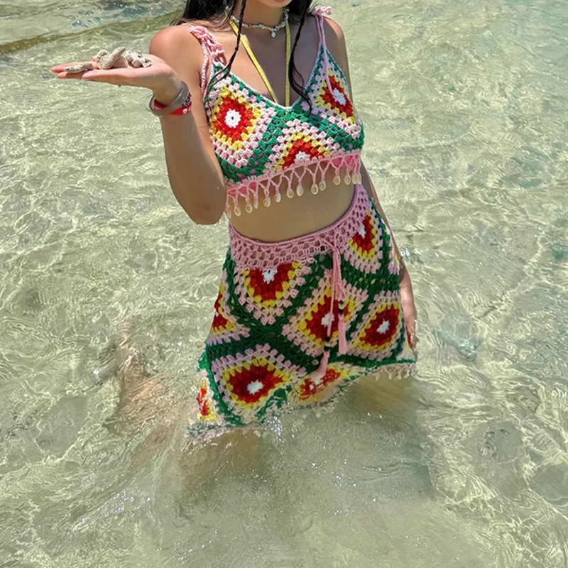 

Bohemian Style Handmade Crochet Hollow Bikini Cover-up Colorful Strap Beach Vacation Skirt Set Customizable
