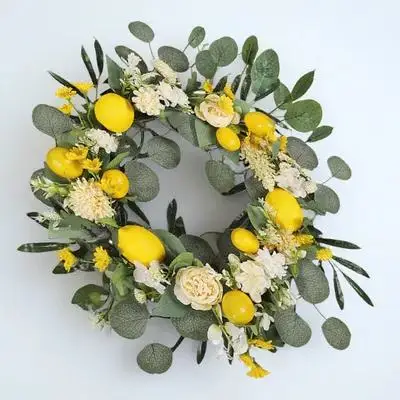 

1pc Artificial Lemon Wreath Summer Hanging Decoration Front Door Welcome Garland Design No Watering Needed