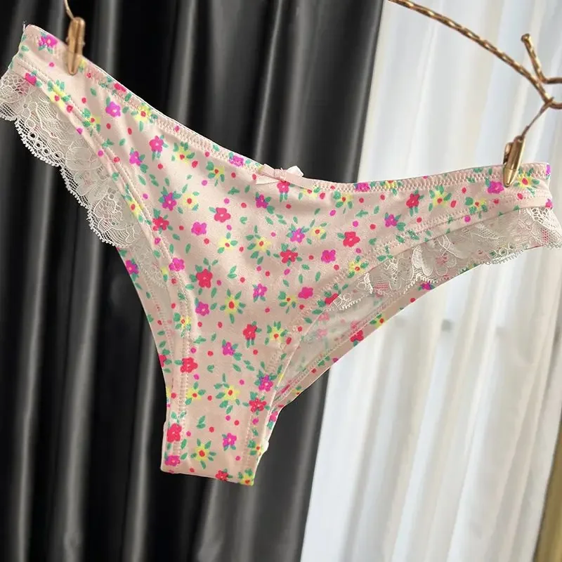 

Sweet Korean Style Pure Desire Silky Cotton Crotch Floral Breathable Lace Bow Briefs Japanese Sweet Underwear Female