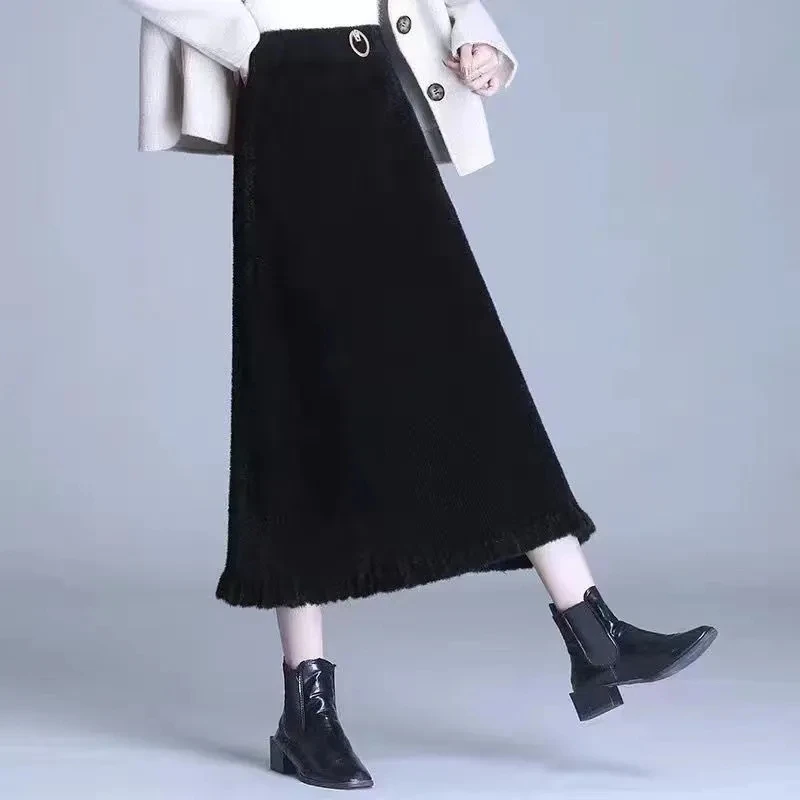 Imitation Mink Velvet Knitted Half length Skirt Autumn Winter New High Waisted Elastic Mid length A-line Skirt Thickened Women