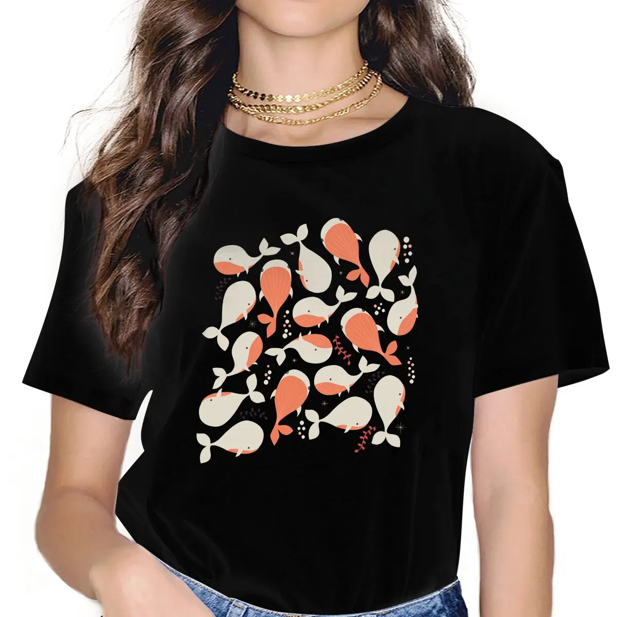 Whales 003 Classic Animal One Hundred Fish Women T Shirt Fibre Punk O-Neck Polyester TShirt