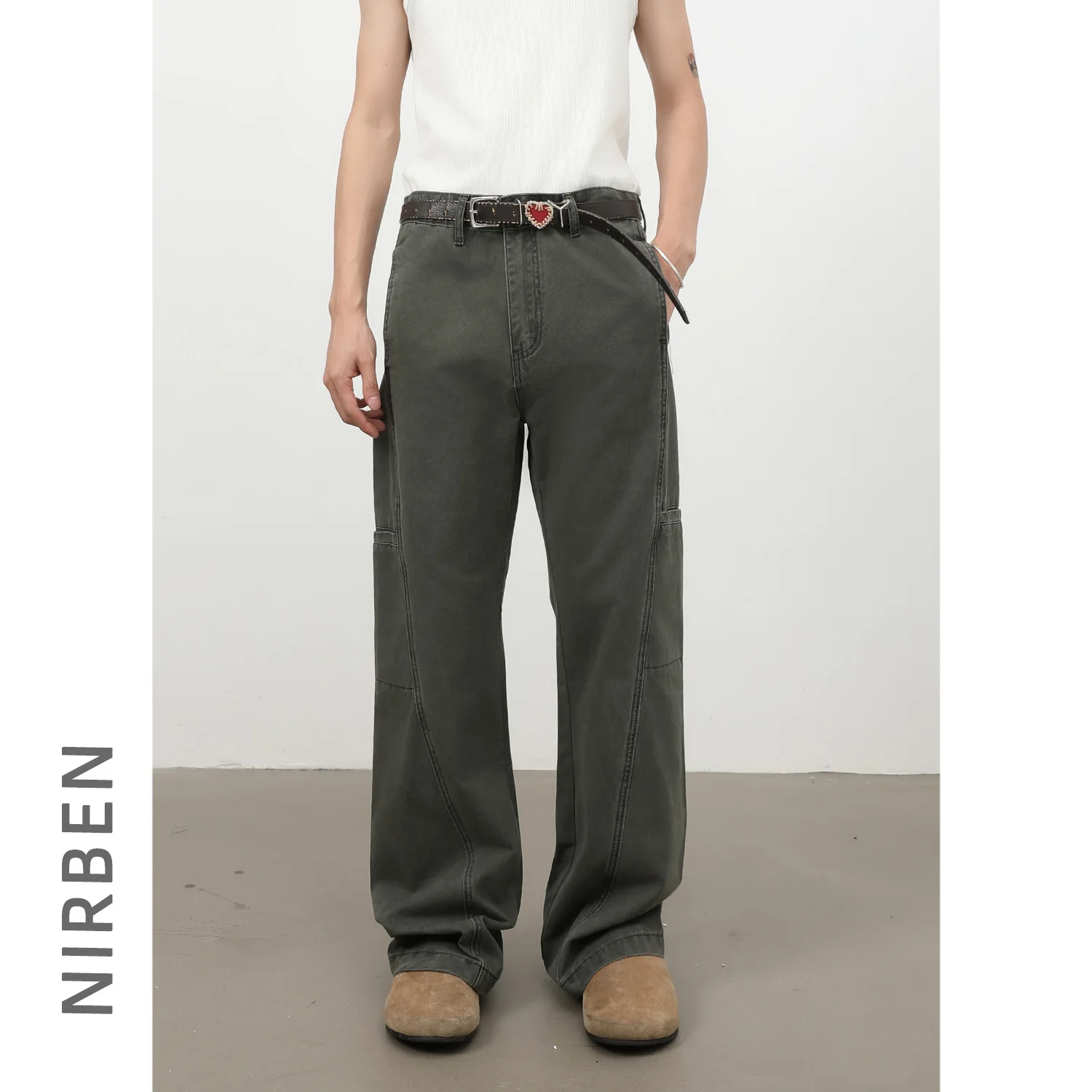 Men's Army Green Solid Color Loose Straight Casual Trendy Basic Simple Flare Denim Trousers American Style Fashion Cargo Pants