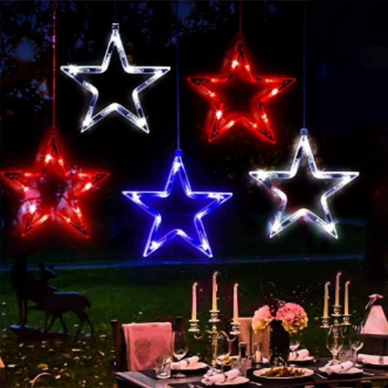 Luces LED de estrella para ventana, iluminación de escena americana para interiores y exteriores, color rojo, blanco y azul, 4 de julio, 6 piezas