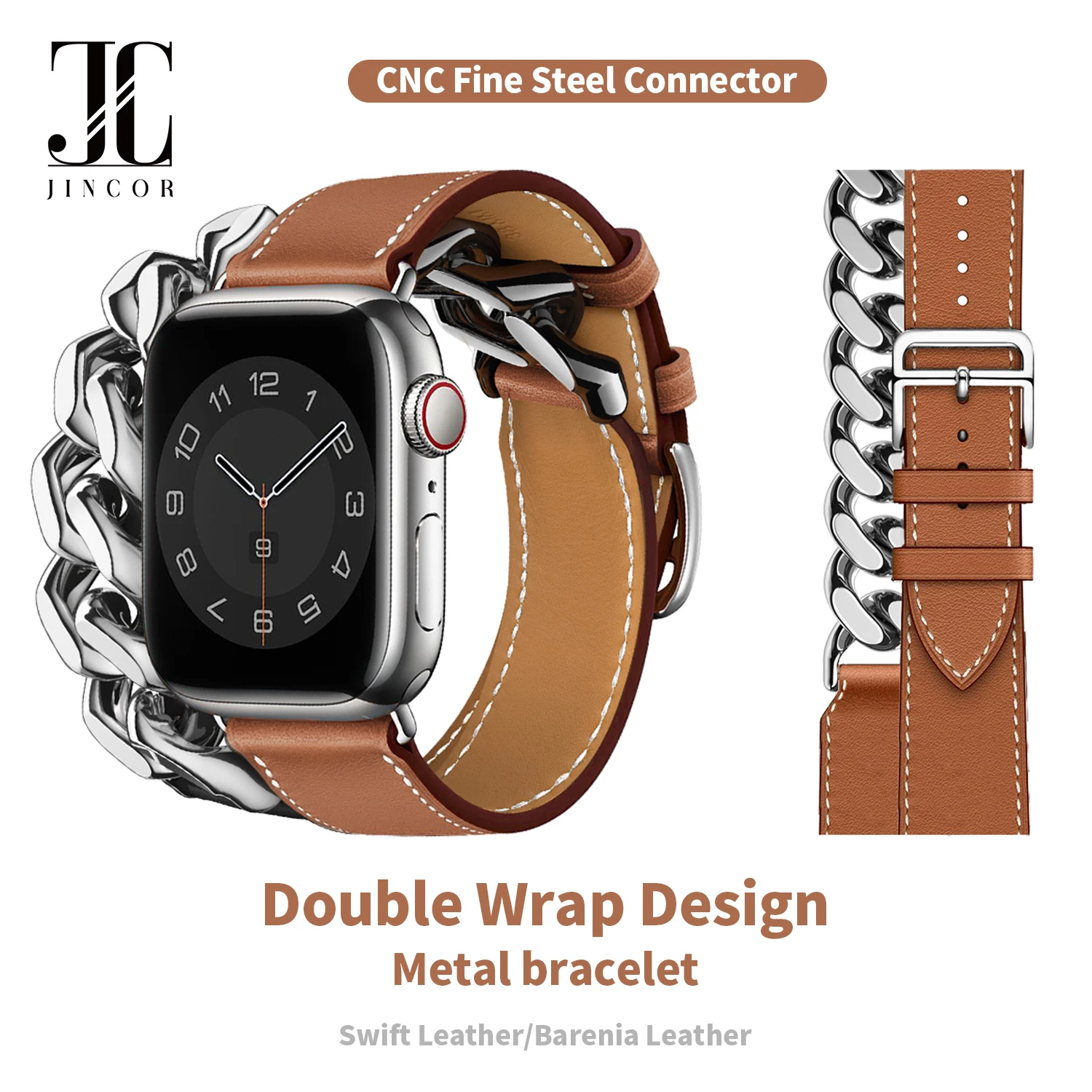 JINCOR Strap For Apple Watch Ultra 2 Series 10 9 8 7 SE Bracelet Stainless Steel Chain Double Tour Leather Band 44MM 45MM 49MM