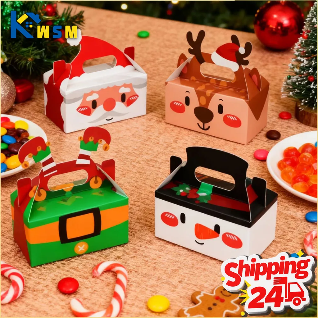 10-80PCS Christmas Square Candy Box Handheld Kraft Paper Gift for Cookie Cake Pastry Holiday Party Favor Decoration