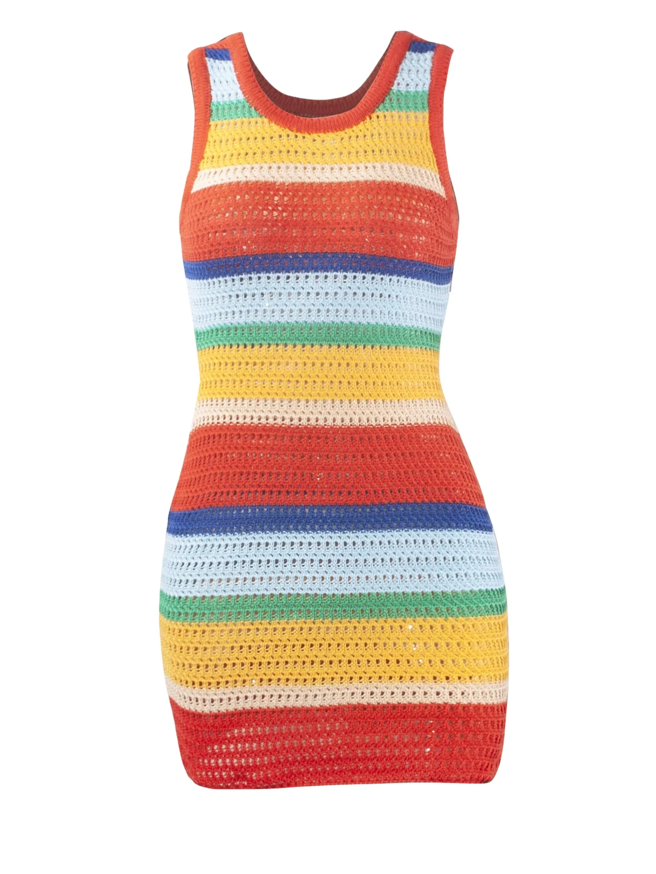 Mulheres painéis listrado malha oco para fora mini vestido casual tanque sem mangas bodycon menina quente streetwear outfit