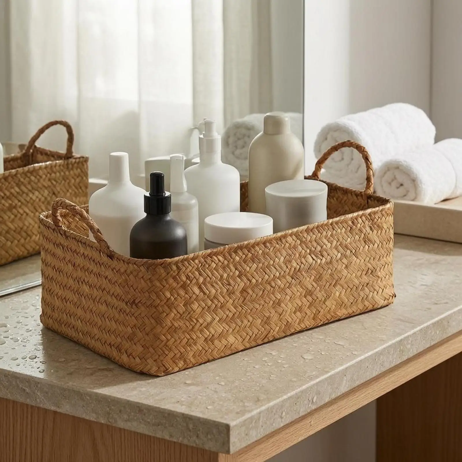 Handwoven Basket Braided Rectangular Storage Basket Woven Bin for Shelf, Tabletop, Cabinet