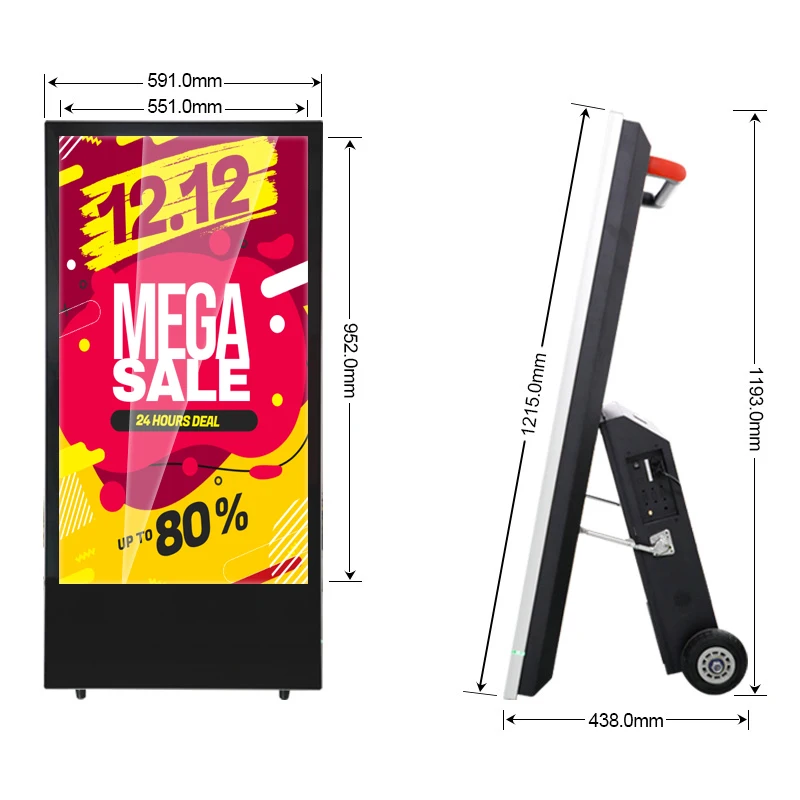 43 Inch High Brightness Movable Poster Digital Signage Advertising Kiosk LCD Media Player Battery Powered for Mall Shop