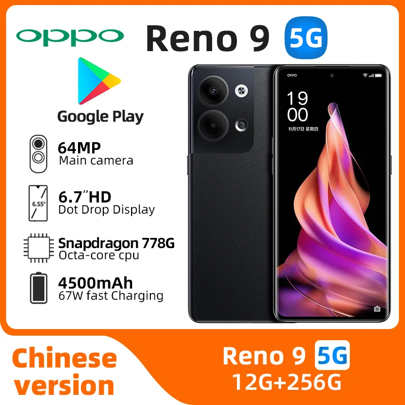 oppo Reno9 5G Android 6,7 pulgadas 12GB RAM 256GB ROM desbloqueado todos los colores en buenas condiciones teléfono Original usado