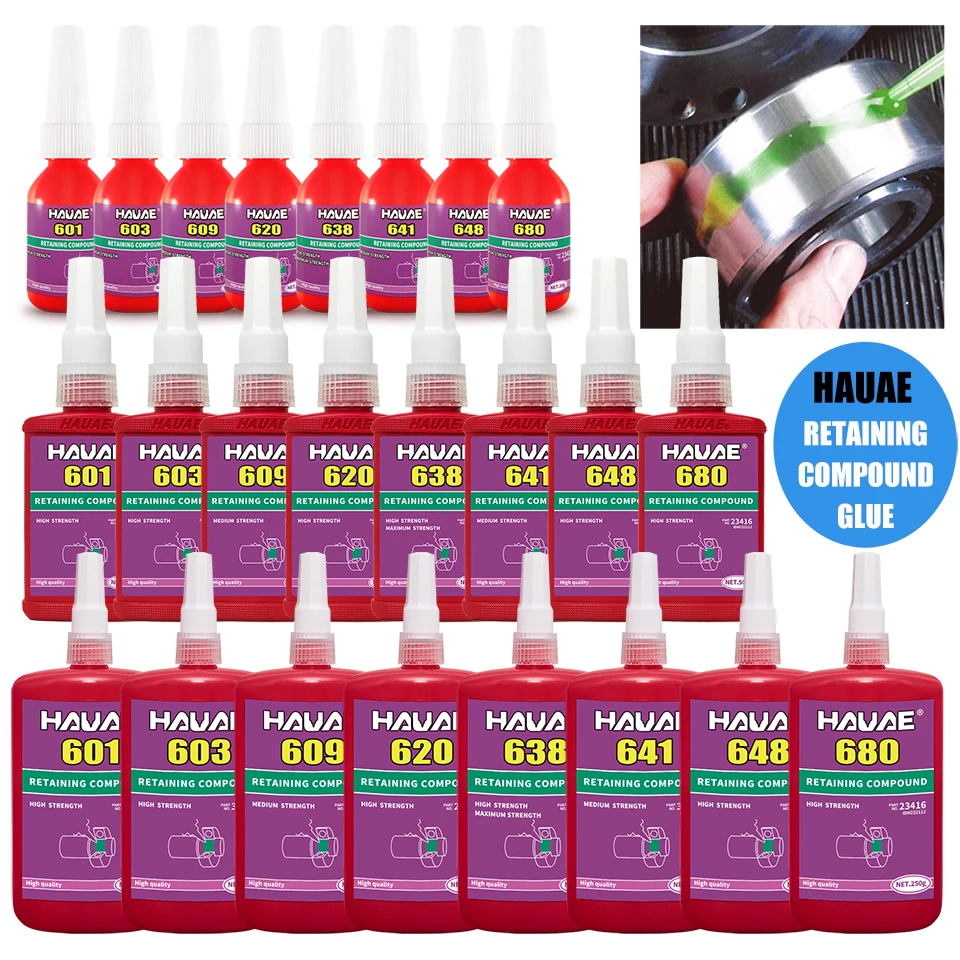 Colle anaérobie à maintien cylindrique, composé de retenue, colle pour roulement de douille, métal liquide, hauae 601 603 609 620 638 641 648 680