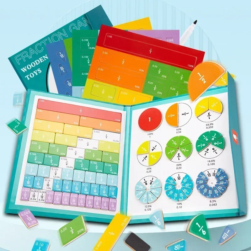 Juguete de matemáticas de aprendizaje de fracción magnética Montessori, material didáctico aritmético Montessori, libro de madera, juguetes educativos para niños