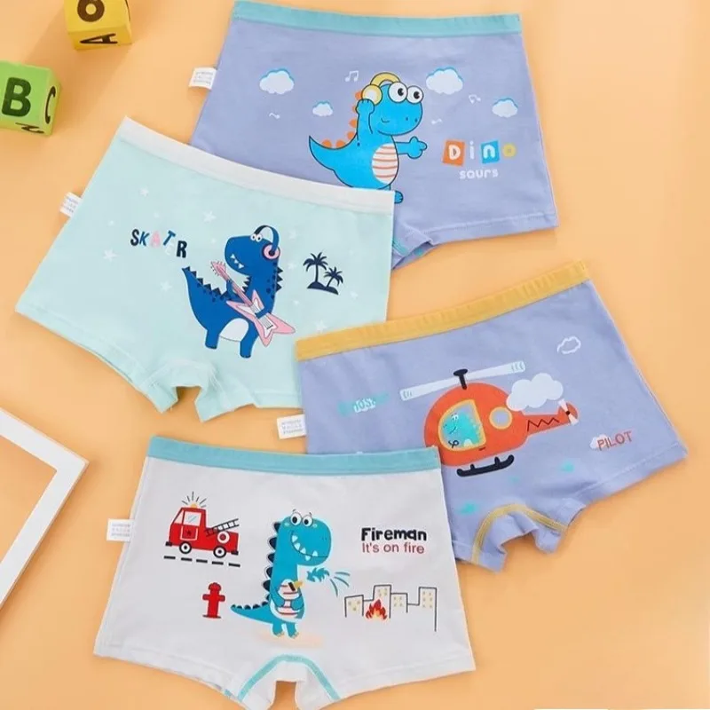

4PCS Kids Cotton Soft Antibacterial Panties for Boys Cute Print Underwears 3+y Young Children Thin Breathable Comfort Knickers