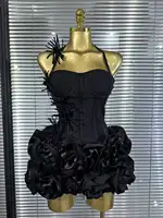 High Quality Black Red Women Sexy Halter Full Florals 2 Pieces Set Bodycon Mini Bandage Dress Celebrate Nightclub Party Wear
