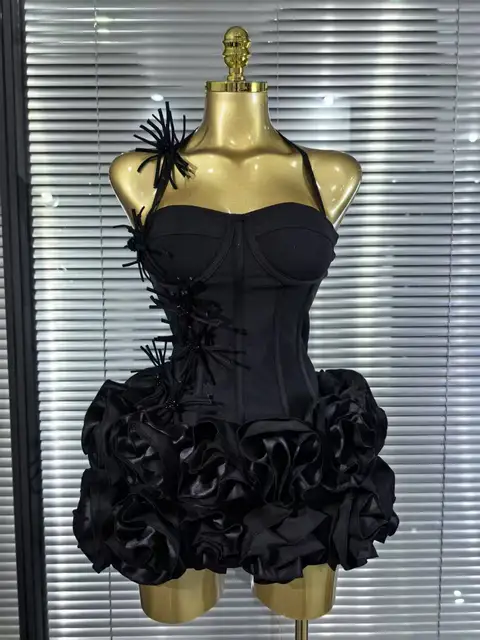 High Quality Black Red Women Sexy Halter Full Florals 2 Pieces Set Bodycon Mini Bandage Dress Celebrate Nightclub Party Wear