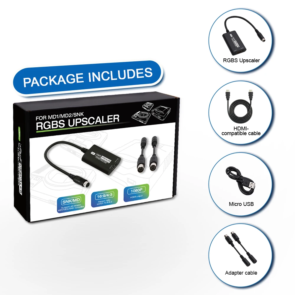 RGBS Upscaler For SEGA MD1 MD2 SNK Retro Game Console 1080P HDMI Converter Adapter With 16:9/4:3 Aspect Ratio Switch