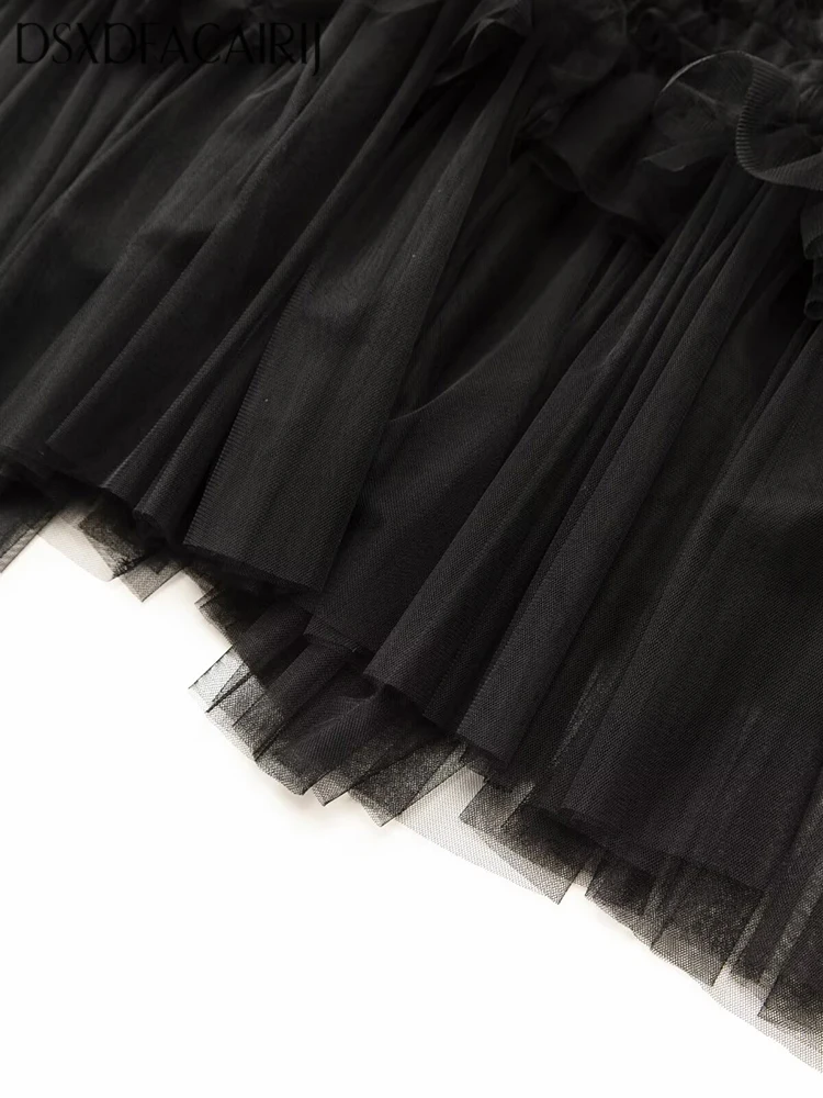 DSXDFACAIRIJ فستان ماكسي نسائي برقبة دائرية ترتر مطرز بأكمام واسعة وكشكشة فستان شبكي عتيق لأزياء الخريف