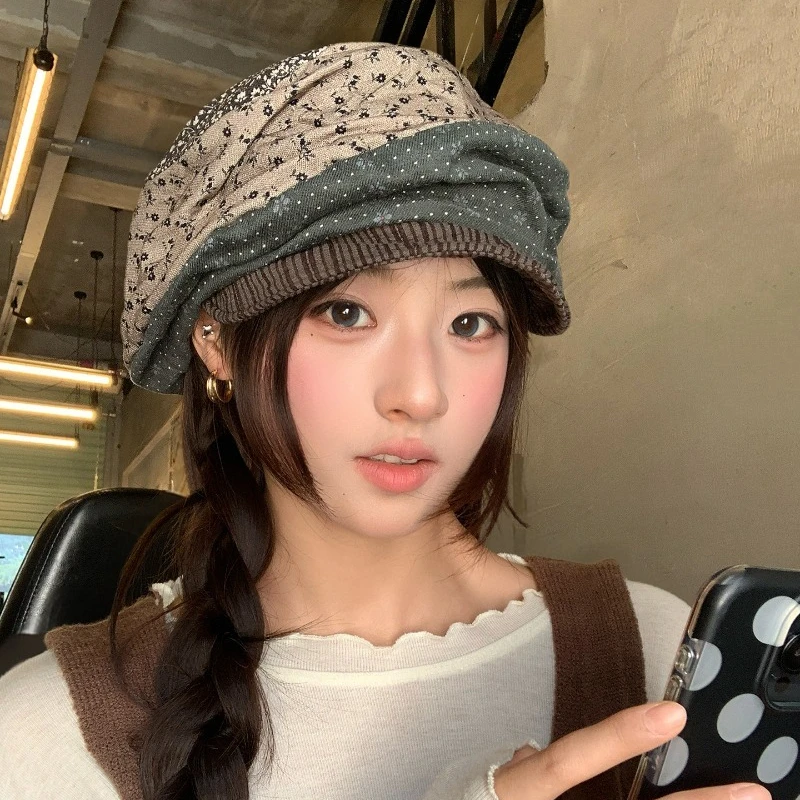 Korean Style Patchwork Floral Beret Autumn Literary Retro Large Version Soft Brim Fashion Octagonal Newsboy Caps for Women's