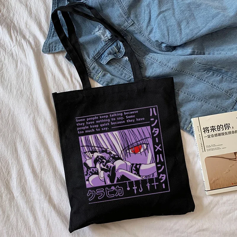 Bolso de lona de Anime Hunter X Hunter Kurapika japonés, bolso de compras con estampado de letras de dibujos animados, bolsos de hombro Vintage Punk de gran capacidad