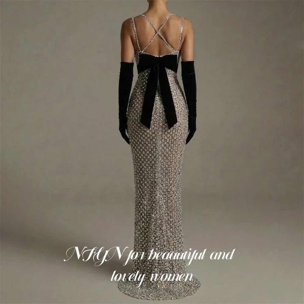 NFYN Sliver Party Dress Spaghetti Strap Sleeveless Evening Dresses with Statement Bow Prom Gown Mermaid فساتين سهره Customized