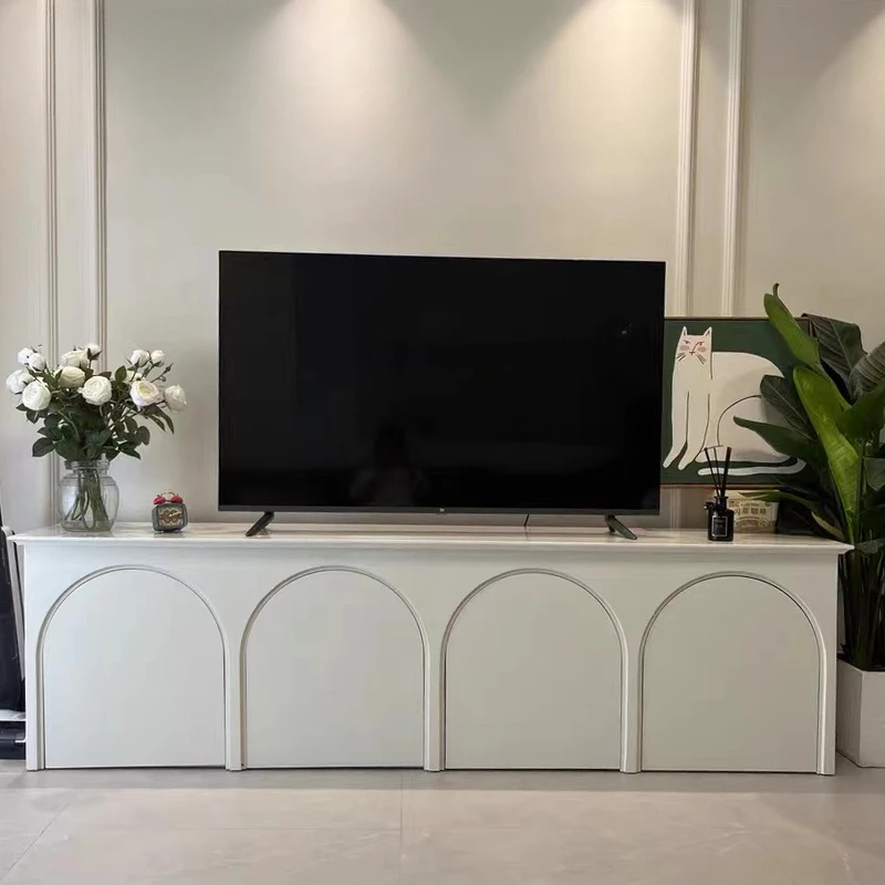 

French TV cabinet, medieval arched door, audio-visual , cream color storage, simple floor , small apartment storage