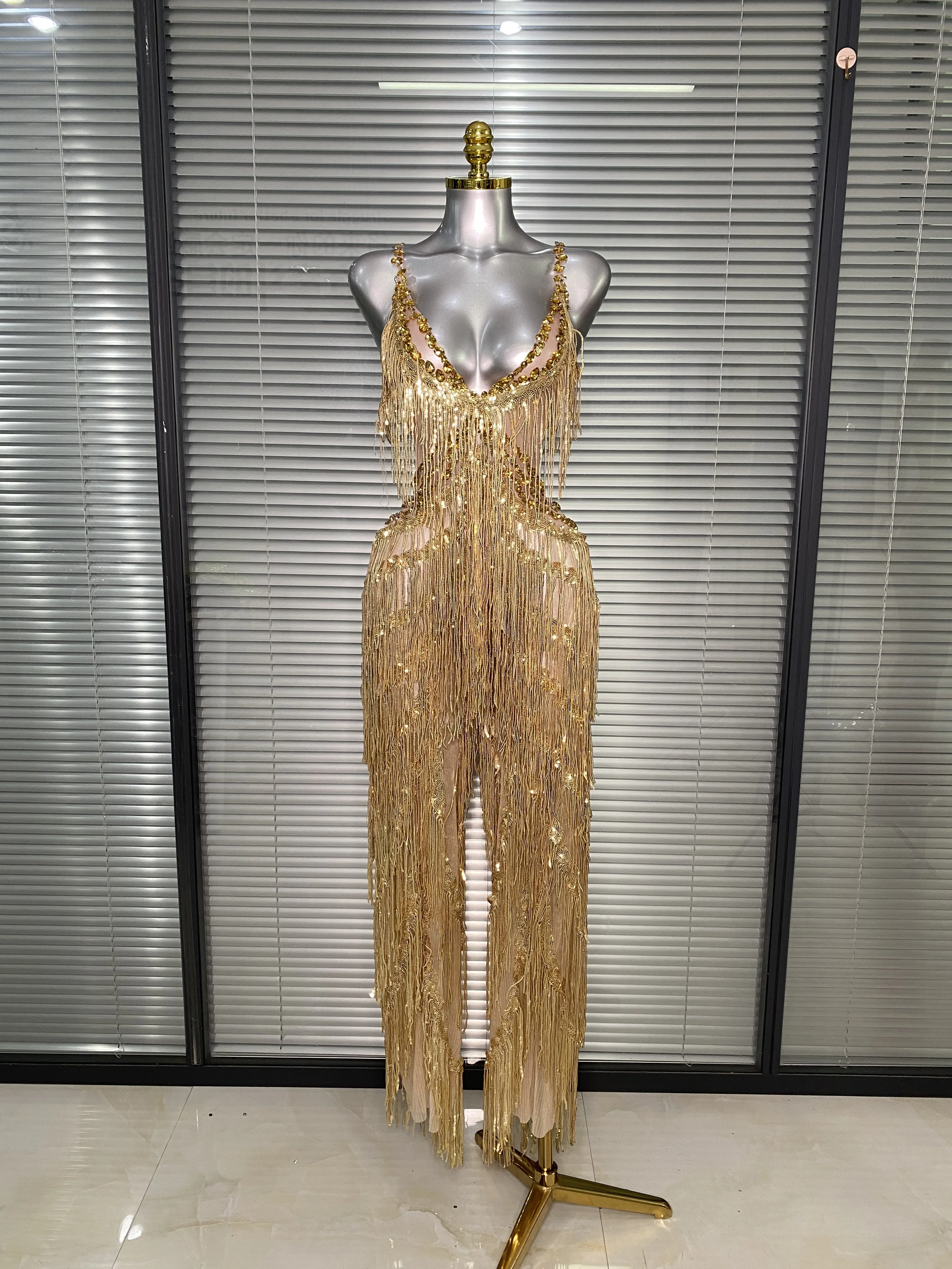 Brand New 2025 Women Sexy Gold Tassel Crystal Jumpsuit Celebrity Designer Stretchy Singer Dancer Stage Night Club Rompers