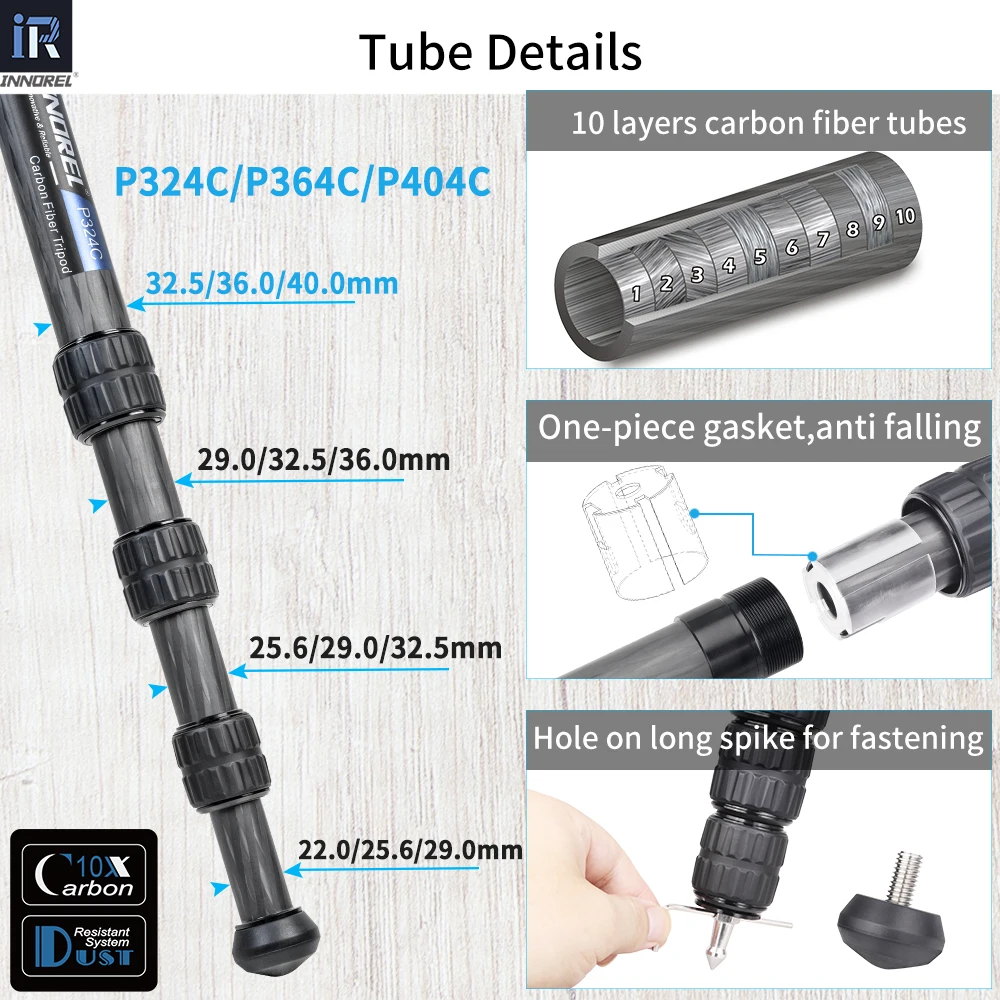 Tripé de fibra de carbono INNOREL P324C/P364C/P404C com montagem em cauda de andorinha Arca Swiss e 360 ° Esfera embutida para tiro e atividades ao ar livre