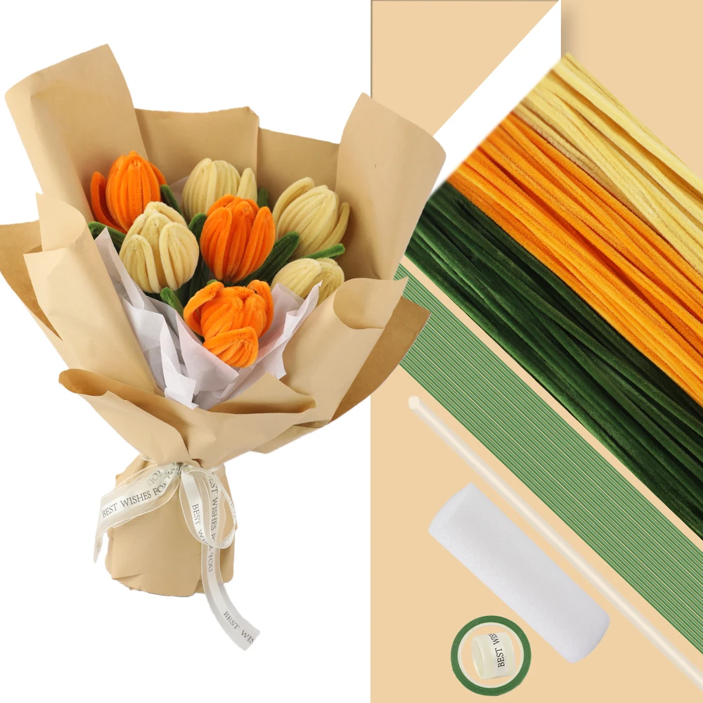 141pcs yellow Tulip Pipe Cleaner Flower Kit Flowers Bulk Chenille Stems Set , DIY Handcraft Twisting Decorations