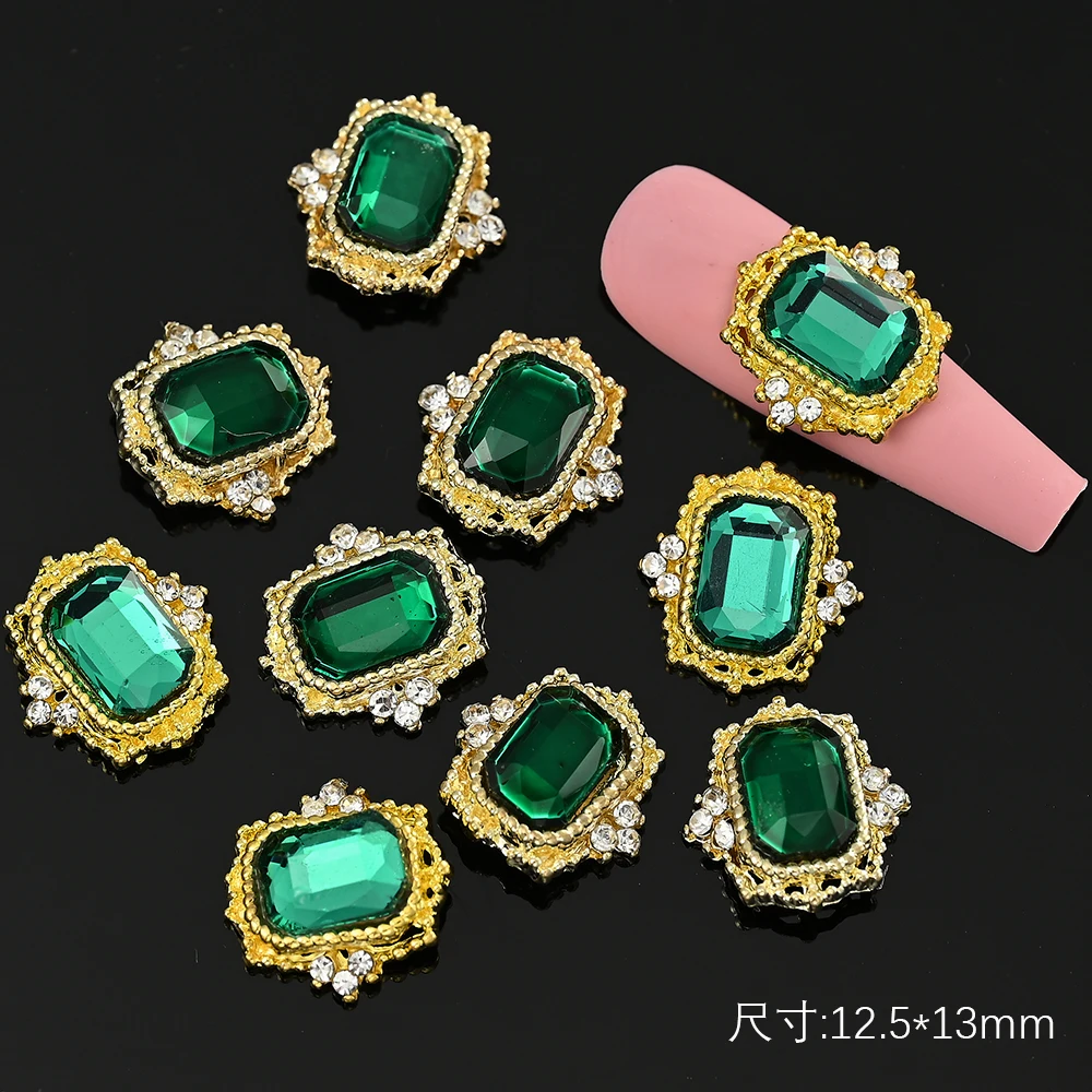 50Pcs Green Rhinestones Nail Charms 12.5*13mm Rectangle Gold Border Embedded Gems Jewelry Shiny Luxury Crystal Manicure Decora