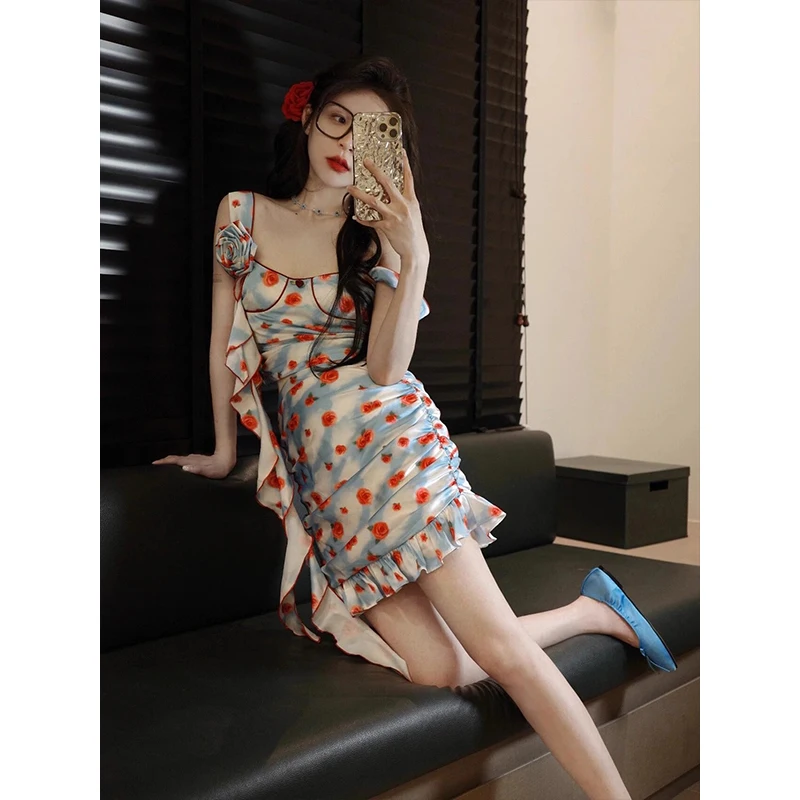 Summer Women Old Money Sexy Fairy Core Vacation Evening Birthday Floral Vintage Outfits 2 Piece Set Camisole + Hot Mini Skirt