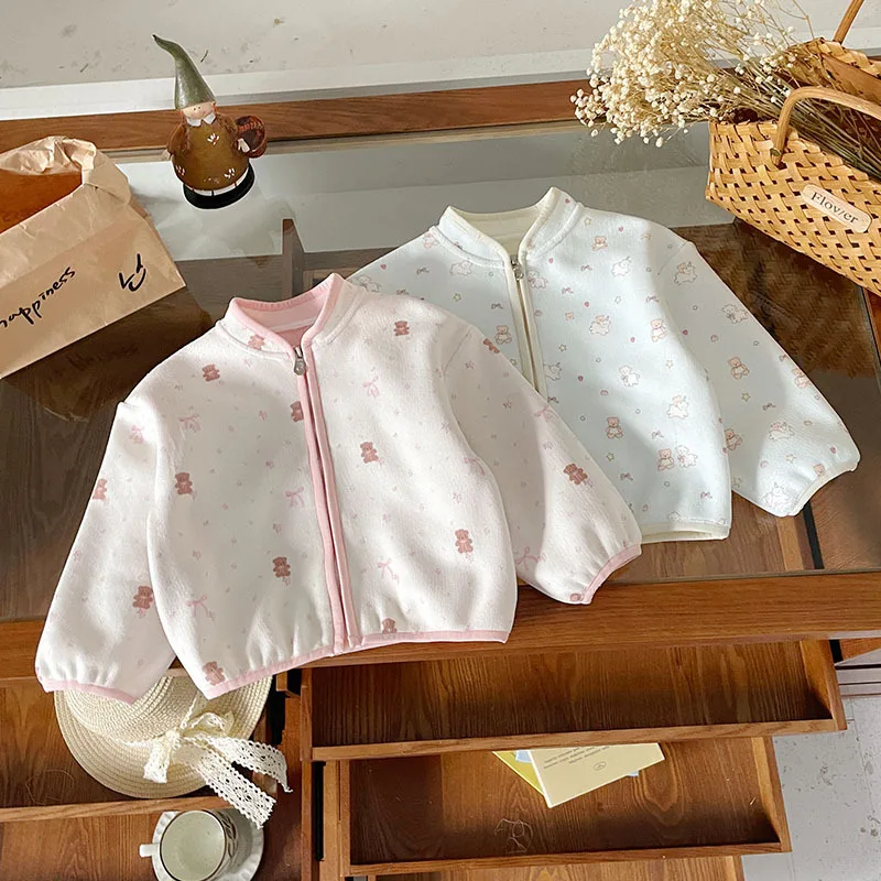 

2025 Winter Kids Baby Girl Coat Zipper Cartoon Printed Thicken Toddler Girls Jacket Casual Children 1-8Y Girls Outerwear Coat