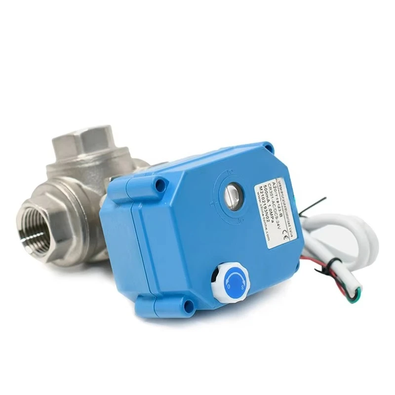 3-Way DN8/DN10/DN15 صمام كروي من الفولاذ المقاوم للصدأ بمحرك تحكم كهربائي 9-24VAC/DC أو 110-230VAC صمام تشغيل/إيقاف إرجاع تلقائي