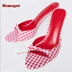 Red and White Grids Stiletto Heels Slippers Open Toe Butterfly-Knot Women's Slippers 2026 New Slip On Summer Casual Shoes Sexy