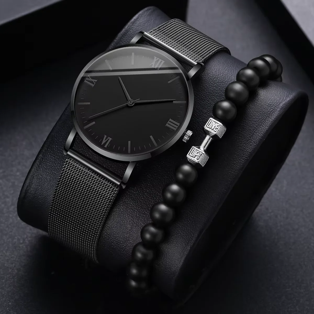 2PCS luxury and fashionable men's round dial quartz watch with bracelet accessories set, suitable for daily wear