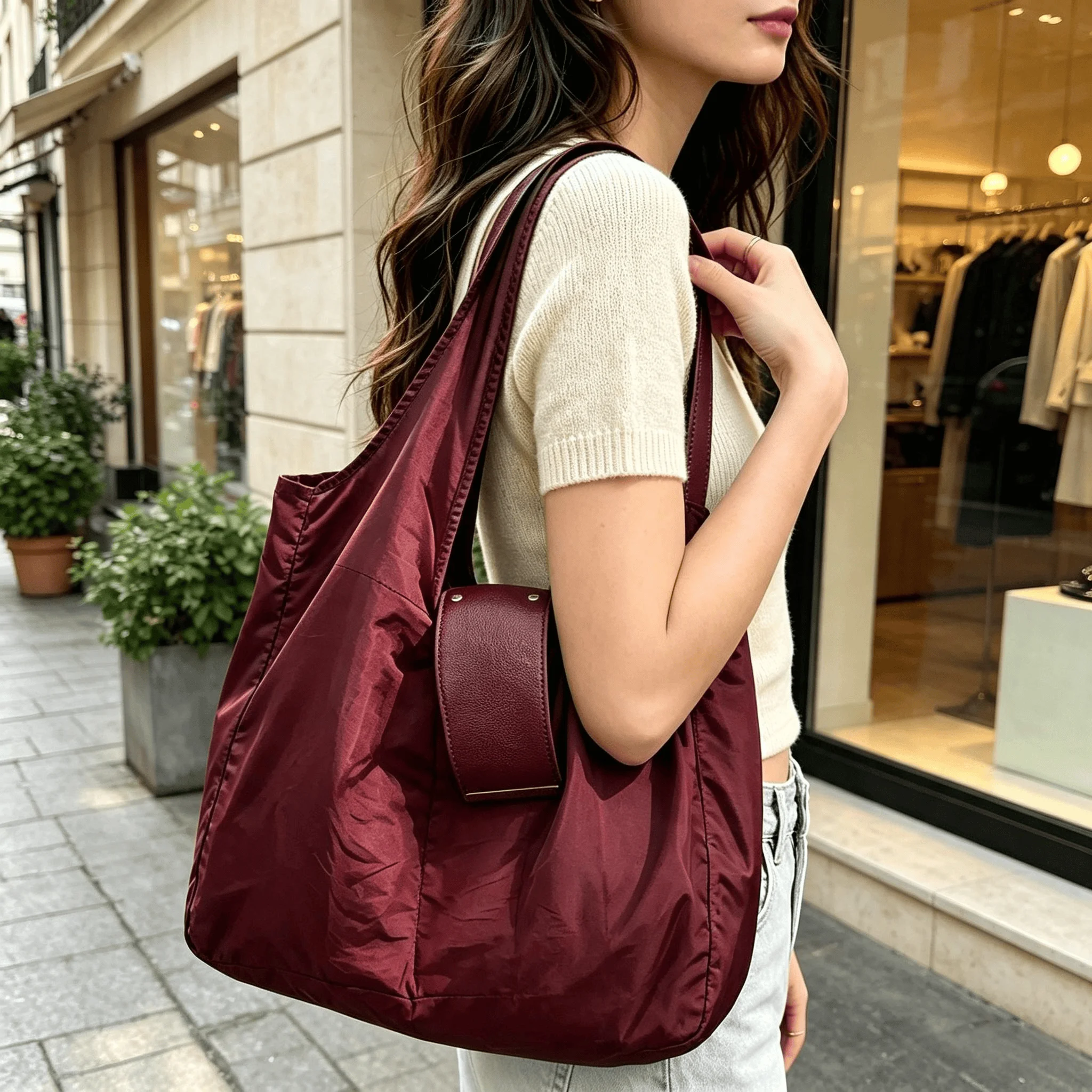 Faltbare Nylon-Tragetasche mit Schlüsselanhänger, Große Kapazität, Wiederverwendbare Einkaufstasche, Tragbare Schulterhandtasche für den täglichen Einkauf und Reisen – Detail 7