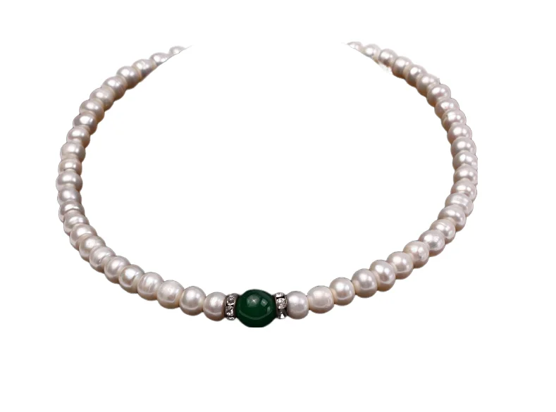 

Terisa Pearl Jewelry 8-9mm Natural White flat Freswhater Pearl with Natural Jade Necklace for Women T-FNS011