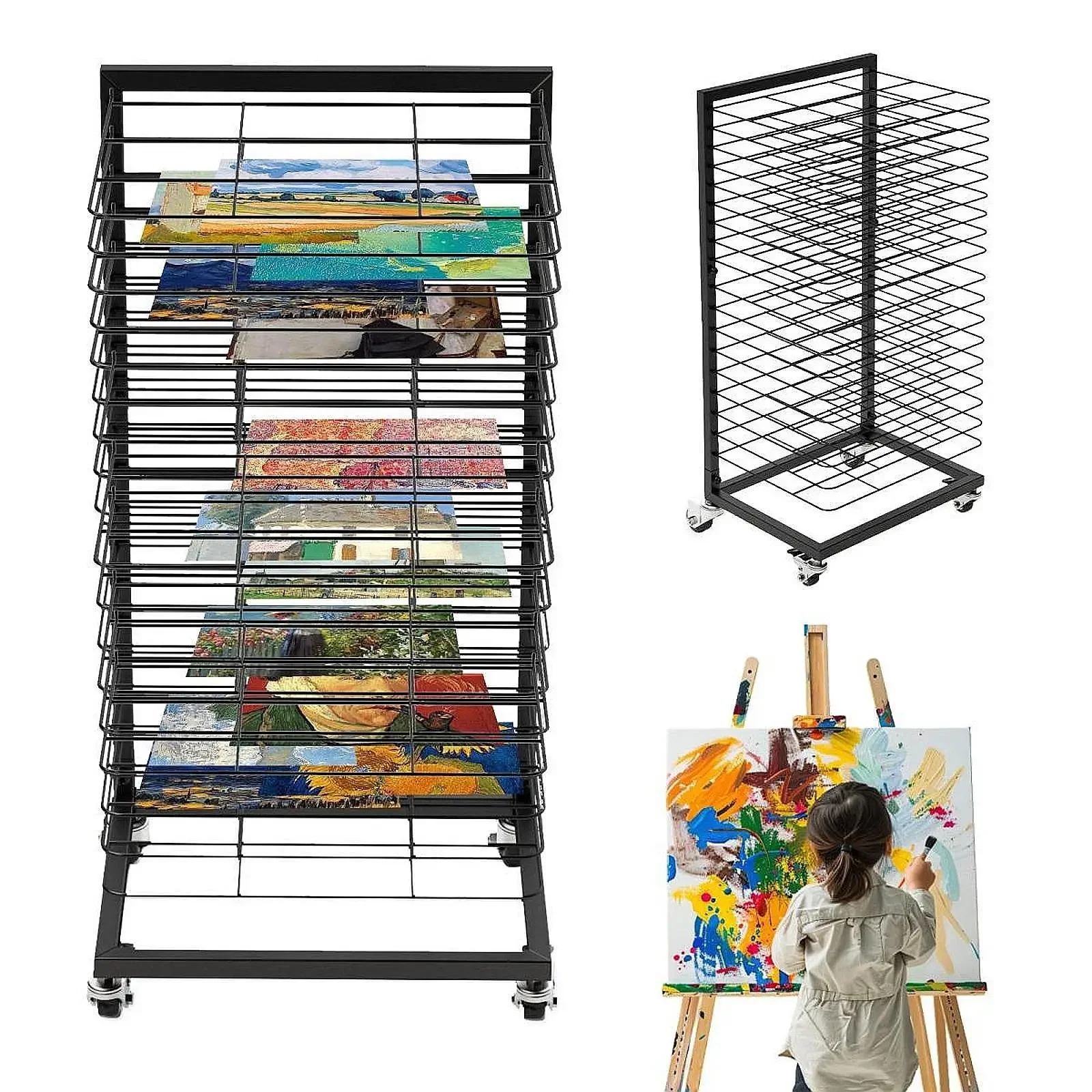 Art Drying Rack with Wheels Iron Fashion Stable Art Studio Storage Drawings 18 Shelves Portable for Artist Drawings Sketches