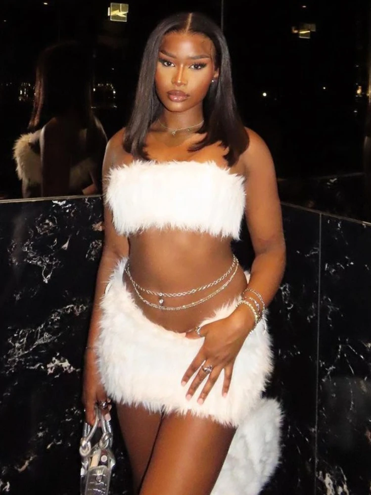 2026 Women Solid White Fur Corset Top and Skirts 2-piece Sets Fashion Sexy Package Hip Party Night Club Dress Suit Streetwear