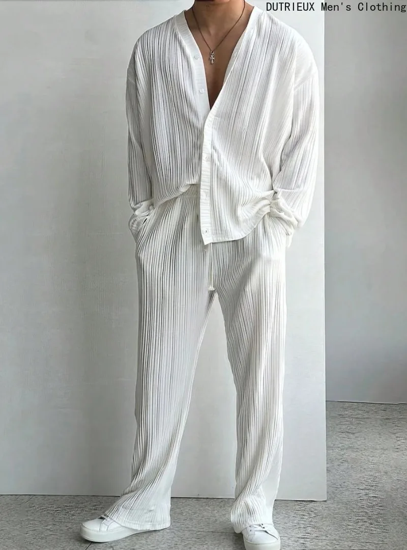 Business Casual Oversized Long-sleeved Shirt and Pants Suit, Autumn Loose-fit Men's Two-piece Set, Soft Comfortable Men's Outfit