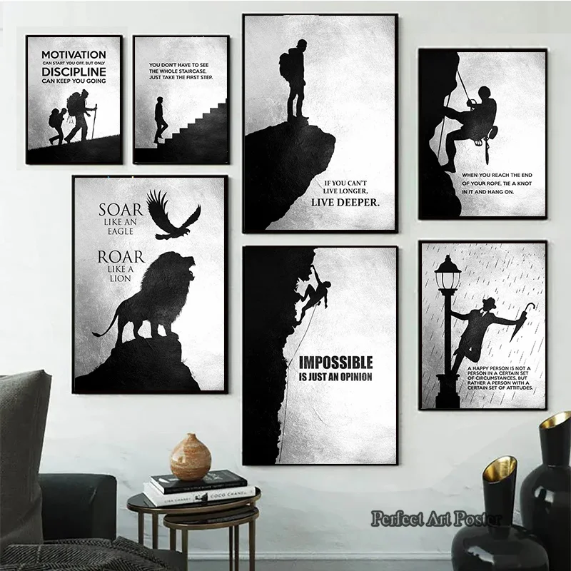 Black and White Motivational Charcoal Quote Posters Prints Inspirational Wall Art Canvas Painting Pictures Living Room Decor