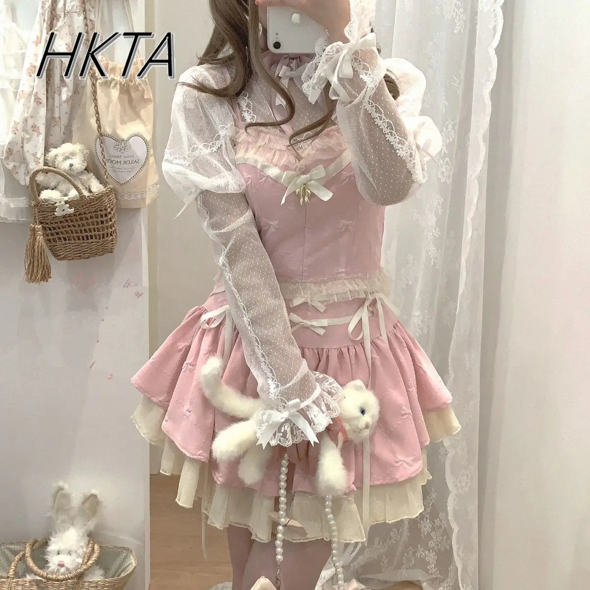 甘いピンクサスペンダーベストスカート 2 枚セット女性甘いかわいいレースの弓プリンセスショートトップかわいいプリーツスカートロリータ少女