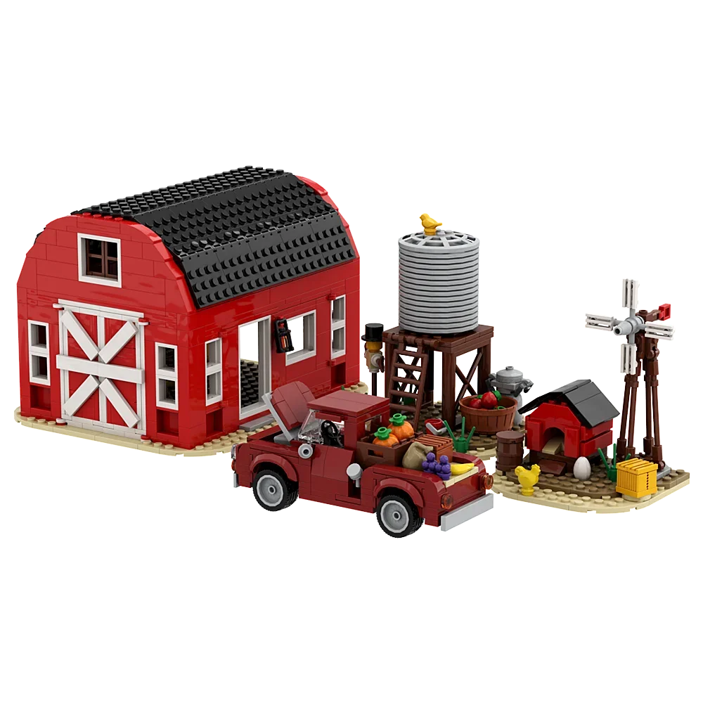 MOC Red Farm Architecture Windmill Farm House Building Blocks Medieval Animal Homeland Farm Cabin Garden Car Bricks Kids Toys