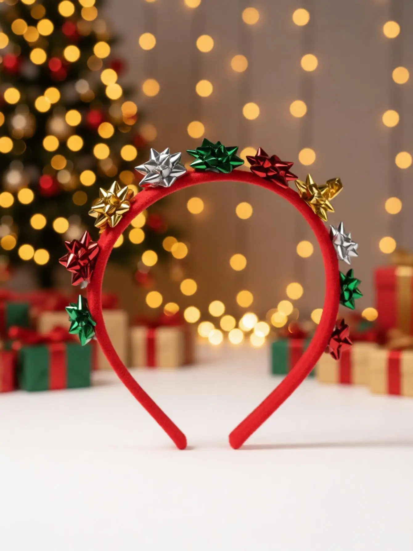 New Style Red and Green Hairband with Simple Thin Edges, Velvet Fabric, Bells, and Beaded Wrapping Hair Accessory