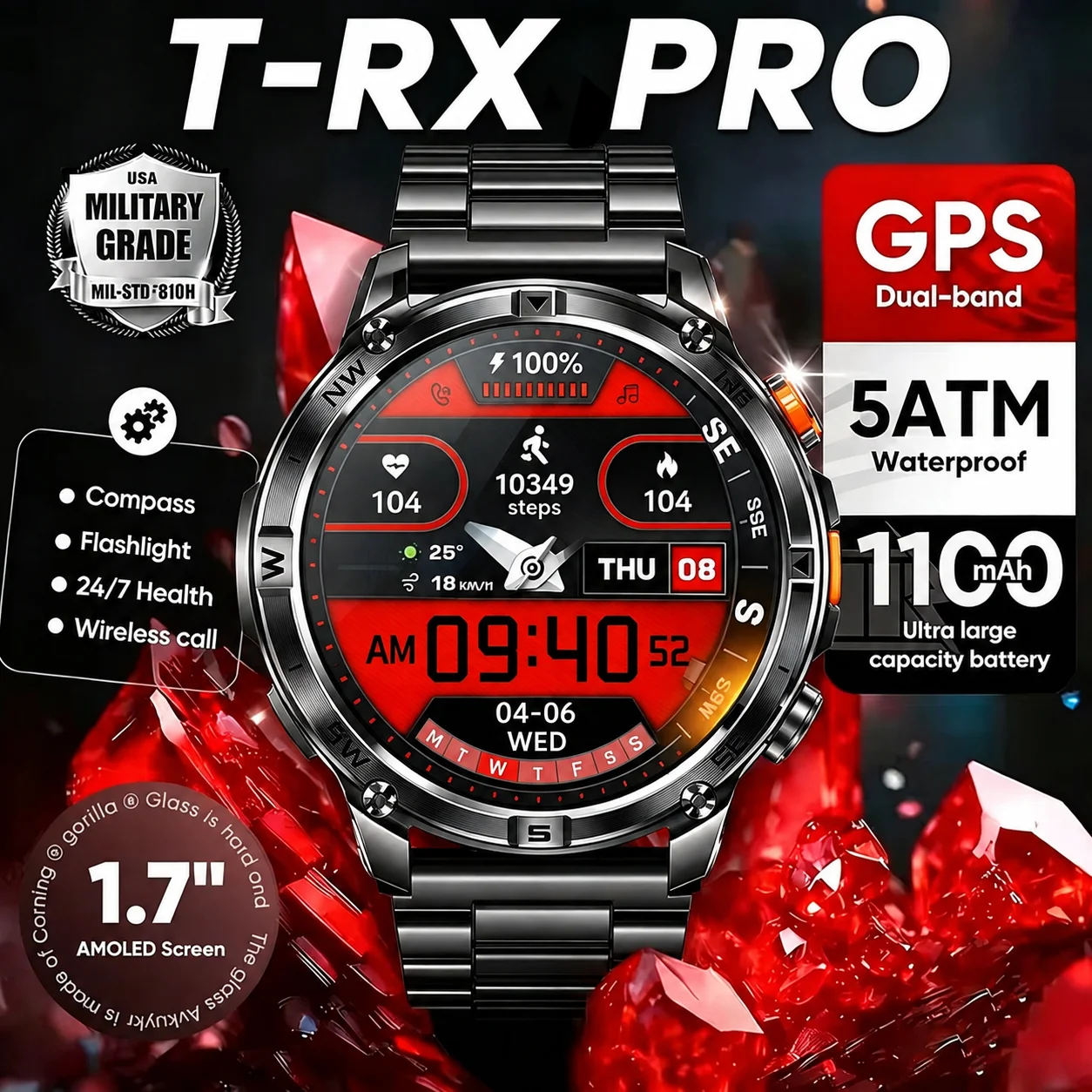 T-RX 5 Outdoor Sports Smart Watch GPS Compass Altimeter Barometer Waterproof Military Smartwatch For Men 170+Sport 1100mAH RUN2