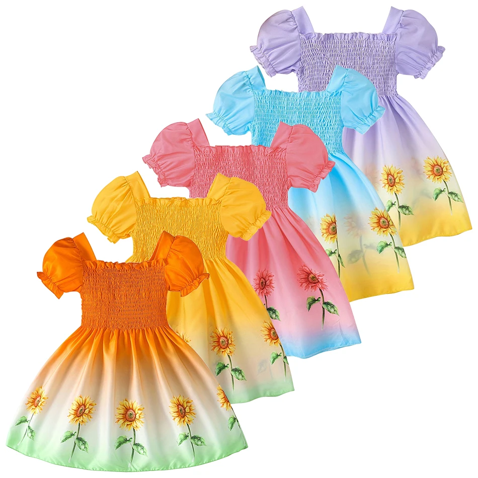 Girls Casual Dresses Summer Fashion for Girls Gradient Sunflower Print Dress with Bubble Sleeves Dress Perfect for Warm Days