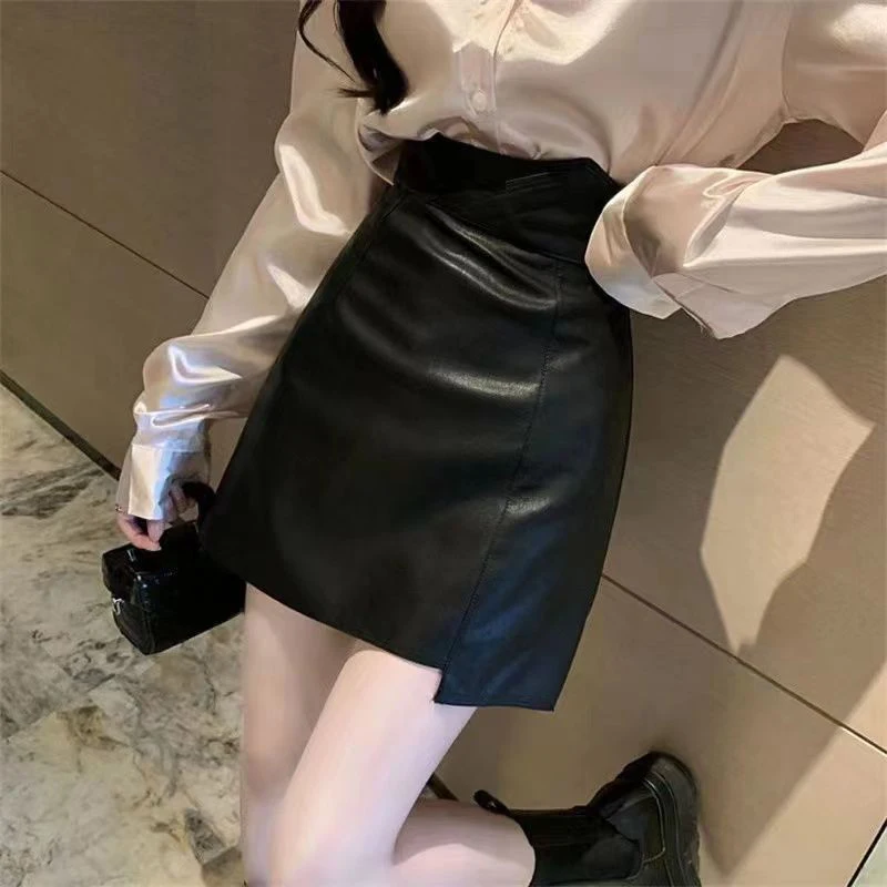 Coreano elegante cintura alta saia de couro feminino preto sexy bodycon mini saia uma linha harajuku y2k magro casual moda saia