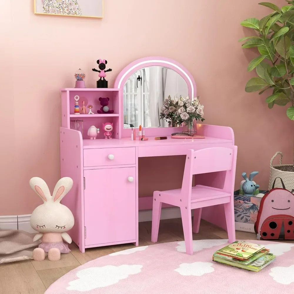 Kids Vanity, Vanity Set with Lighted Mirror and Chair, Makeup Table with Storage Selves, Drawer and Cabinet, Toddler Vanity