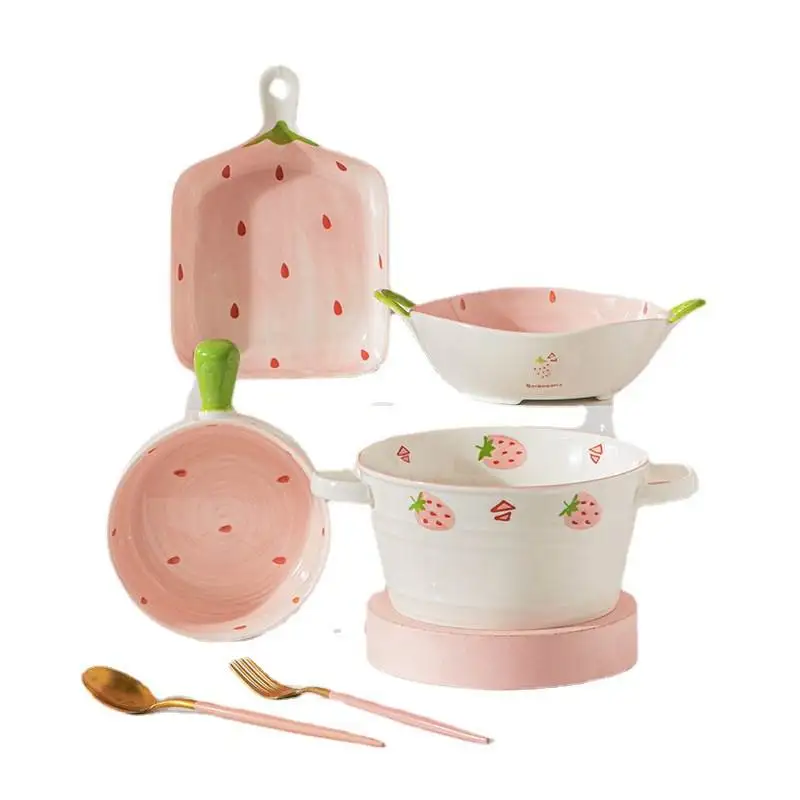 

New Pink Stberry Creative Cerc Bowl with Handle Soup Pot Baking Tray Internet Famous Dining Utensils round ape Adult Use